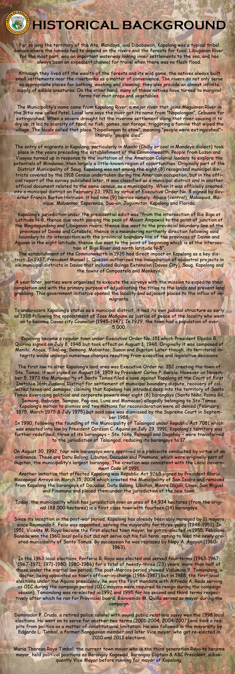 The municipality's Historical Background poster, whose full text is transcribed on this page