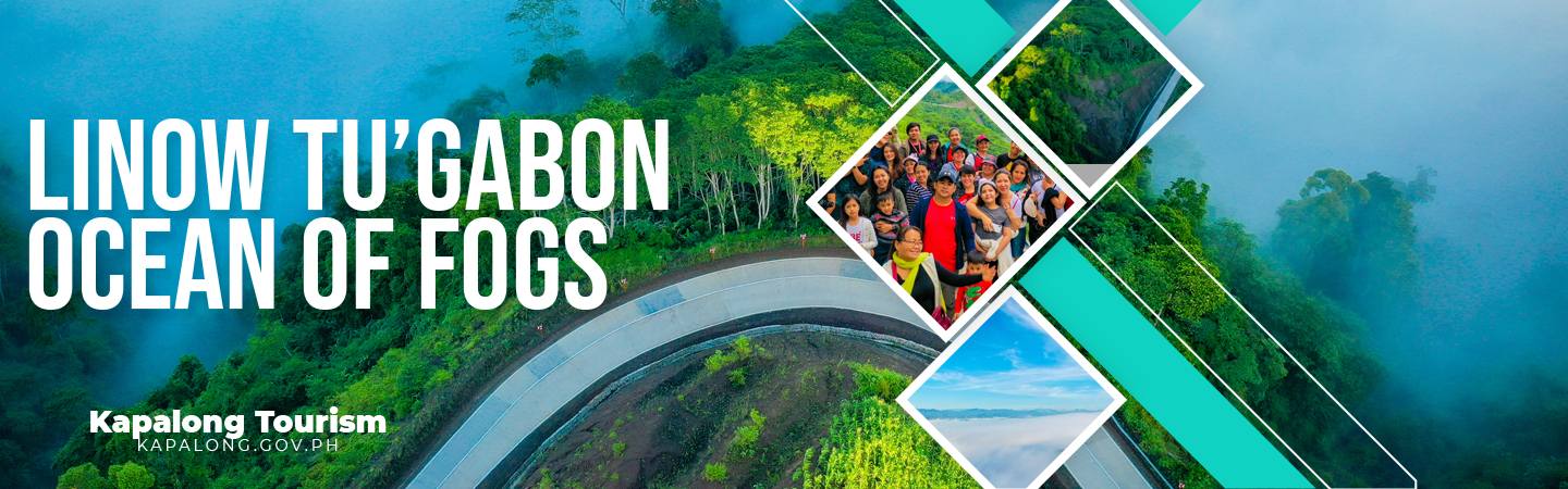 Explore Linow Tu'Gabon Ocean of Fogs in Kapalong, showing a scenic mountain road and tourist group.