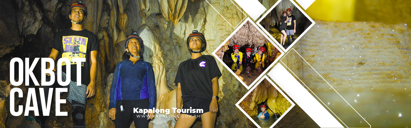 Explore Okbot Cave in Kapalong, showing tourists adventuring inside the cave with inset photos of subterranean pools.